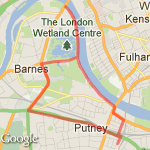River to Hammersmith bridge, route back A306 and Upper Richmond Road route map